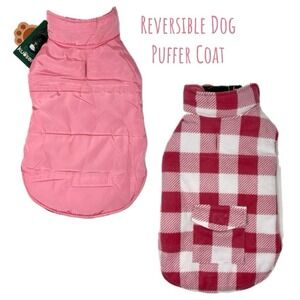 Dog Puffer Coat Reversible Reflective Waterproof Jacket Medium Pink Plaid Kuoser